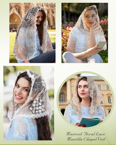 Vista 7 de Velo de capilla triangular pequeño velos de mantilla de encaje de inspiración vintage para iglesia Latina Mass Católica Bufanda para la cabeza