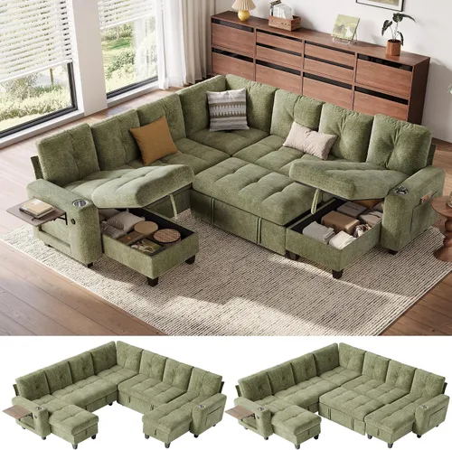 Vista 19 de LINSY HOME Modular Sectional Sofa Bed, Chenille Pull Out Couch 2 Seat Beige