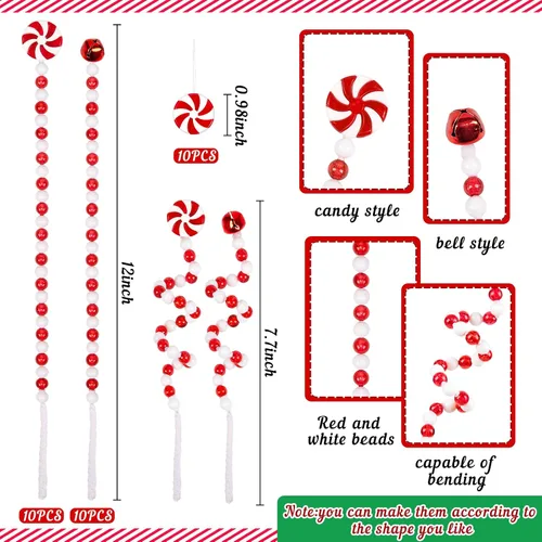 Vista 3 de Juego de 20 piezas de palillos de árbol de Navidad, adornos rojos y blancos, decoración de campanas de caramelo