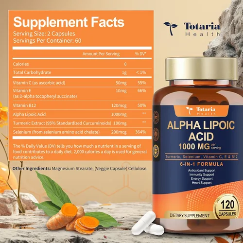 Vista 3 de Totaria Ácido alfa lipoico de 1000 mg – Suplemento de ALA antioxidante para neuropatía, apoyo a la salud nerviosa, desintoxicación hepática