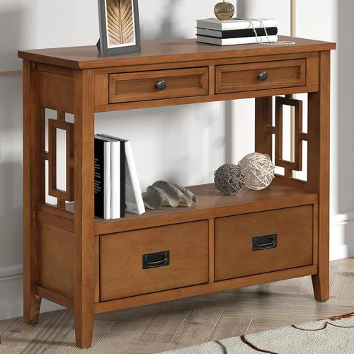 Vista 9 de Mesa consola de granja con 4 cajones y estante de almacenamiento, mesa de entrada de madera, sofá, aparador para sala de estar, cocina, comedor