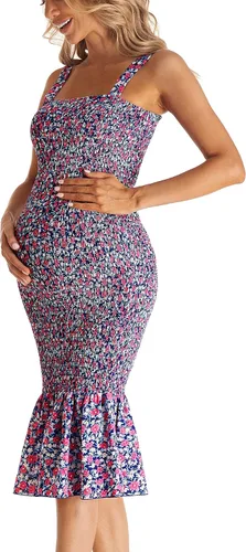 Vista 4 de Vestido de maternidad sin mangas con tirantes florales midi bodycon cuello cuadrado volantes sirena vestido fruncido para baby shower