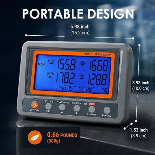 Vista 9 de Registrador de datos de termopar de 4 canales -328 ~ 2498 ° F, registrador de datos de temperatura con tarjeta SD de 8 GB, registro automático