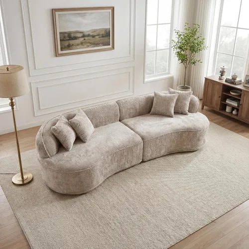 Vista 8 de Sofá modular curvado de 110 pulgadas para sala de estar, moderno sofá modular de felpa de felpa de gran tamaño con asiento profundo comprimido sin