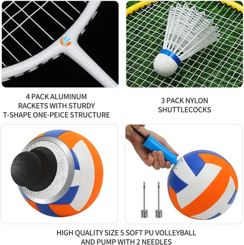 Vista 7 de Conjunto combinado de bádminton de voleibol al aire libre con red, diseño antiflacidez, 4 raquetas de bádminton, 3 pajaritos y voleibol