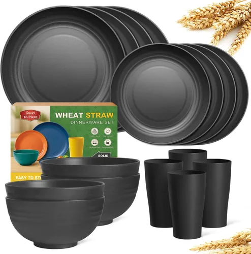 Vista 9 de Teivio Juego de vajilla de plástico de paja de trigo de 16 piezas, servicio para 4, platos de cena, plato de postre, tazones para cereales, tazas