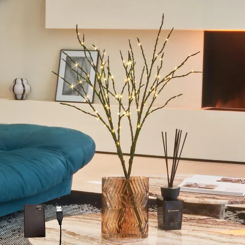 Vista 11 de Hairui - Ramas de sauce iluminadas con temporizador, 70 luces LED blancas cálidas, ramas artificiales de diente de león con luces, 27 pulgadas