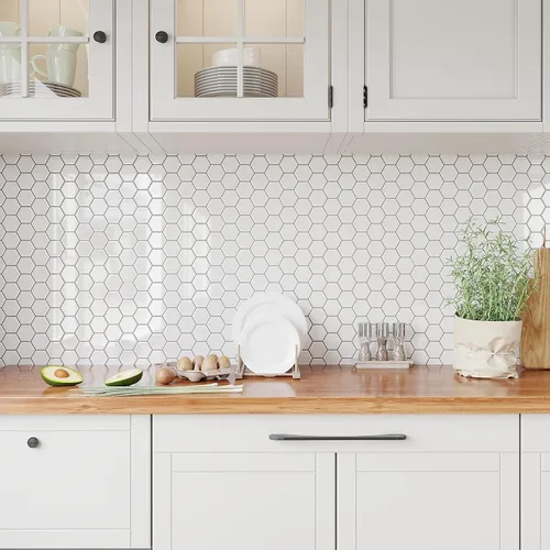 Vista 3 de VEELIKE Azulejos Hexagonales Blancos Despegar y Pegar para Salpicadero 6 Hojas Azulejos Adhesivos para Salpicadero de Cocina Azulejos de Pared