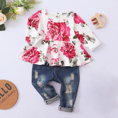 Vista 2 de XUANHAO Ropa de bebé niña de 12, 18 y 24 meses, trajes para niñas pequeñas, ropa de mezclilla con volantes, pantalones de mezclilla rasgados