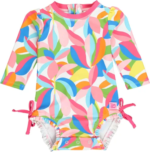 Vista 42 de RuffleButts - Traje de baño de una pieza con protección solar UPF 50+, camiseta de protección floral estampado, manga larga, con cierre zipper