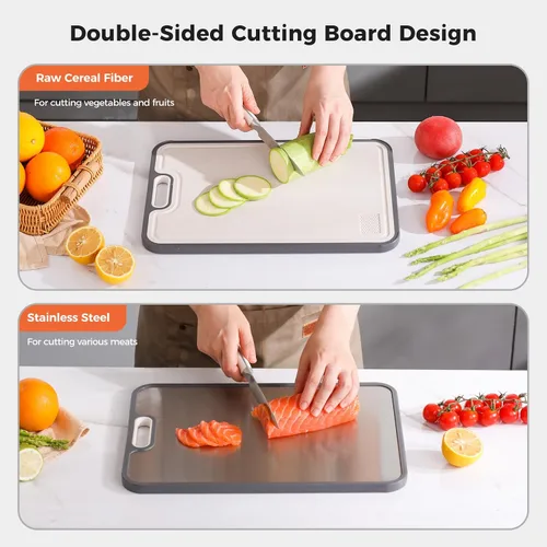 Vista 4 de Tabla de cortar de acero inoxidable para cocina, tabla de cortar de doble cara de grado alimenticio, acero inoxidable 304/paja de trigo PP tabla