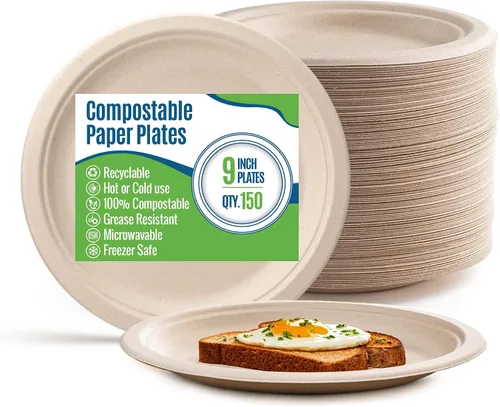 Vista 5 de Platos de papel blanco, 7 pulgadas, 150 unidades, fibra de caña de azúcar de grado alimenticio, compostable y biodegradable, para microondas