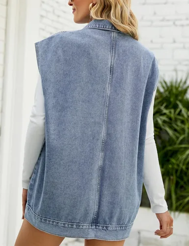 Vista 7 de Huaqiao Chaleco de mezclilla para mujer, chaqueta media larga, chaleco sin mangas con bolsillos
