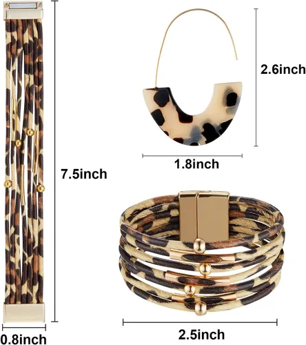 Vista 2 de Hicarer Pulseras y pendientes de leopardo para mujer, pulseras de guepardo, aretes de concha de tortuga, pulseras de cuero multicapa, accesorios