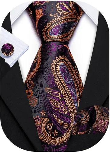 Vista 131 de Barry.Wang - Juego de corbata de seda para hombre, diseño de cachemira, pañuelo y gemelos de bolsillo