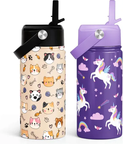 Vista 23 de SANDJEST Botella de Agua para Niños con Tapa de Pajita - 12 Oz Botella de Acero Inoxidable Aislada con Dibujo de Animales para Niños y Niñas - Taza