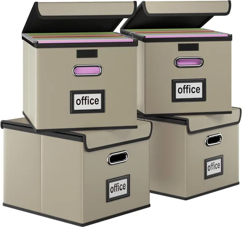 Vista 18 de Caja organizadora de archivos Huolewa con tapa, caja organizadora de carpetas de archivos colgantes de cuero sintético plegable con deslizadores