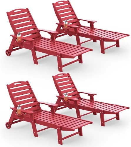Vista 16 de Tumbona al aire libre, silla de descanso al aire libre con textura de madera, respaldo ajustable de 5 posiciones, silla de salón de polietileno