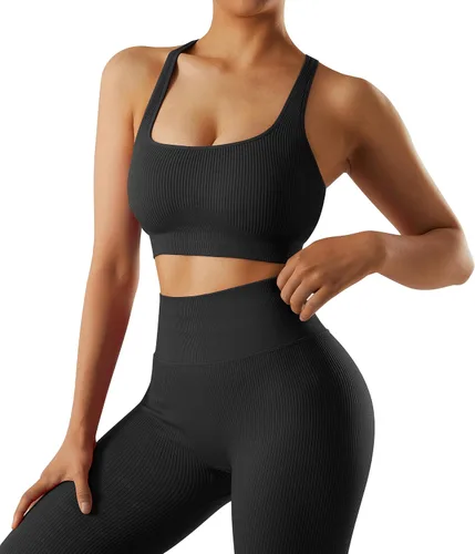 Vista 5 de OMKAGI Conjunto de entrenamiento acanalado para mujer, sin costuras, brasier deportivo con tiras y levantamiento de glúteos