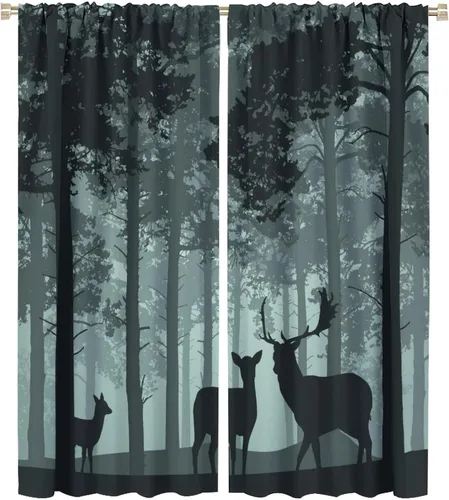 Vista 21 de Cortinas opacas con diseño de ciervos, bosque brumoso, rústico, vida silvestre, alce, montaña, pájaros, pino, bosque, cortinas de ventana