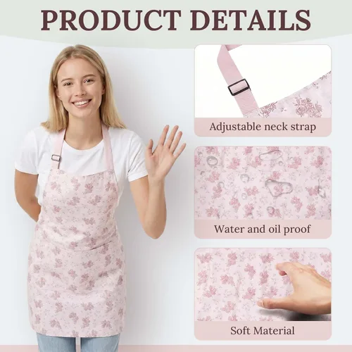 Vista 3 de Kitchen Apron, Double Sided Floral Adjustable Waterproof Apron with 2 Pockets for Baking, Salon, BBQ for Mom Wife