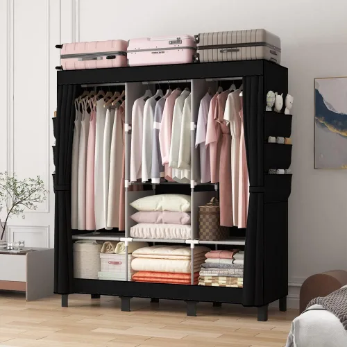 Vista 2 de Armario portátil, caja de almacenamiento de ropa, armario simple para colgar ropa, múltiples estantes y 3 barras, 6 bolsillos laterales (negro)