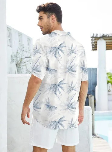Vista 4 de Camisa hawaiana para hombre, camisas casuales de manga corta con botones, camisas florales Aloha tropicales para vacaciones
