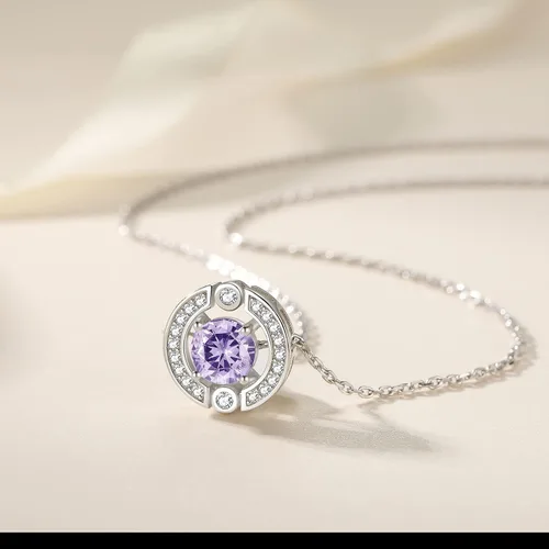 Vista 2 de Collar con halo de piedra natal para mujer, plata de ley, chapado en platino, piedras preciosas brillantes, corte redondo, colgante solitario