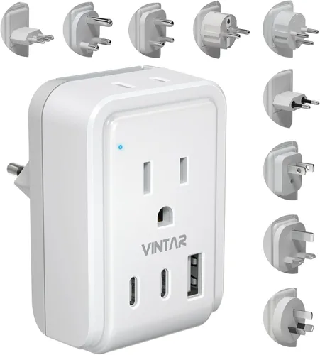Vista 15 de VINTAR - Kit de adaptador de viaje universal, adaptador de enchufe internacional con 3 puertos USB (2 USB C, 3.4 A) y 2 salidas americanas, tipo A