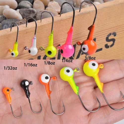 Vista 7 de 30 piezas de anzuelos de pesca con cabeza de bola redonda con ojos 3D Crappie jig señuelo pintados ganchos para lubino crappie lubino trucha agua