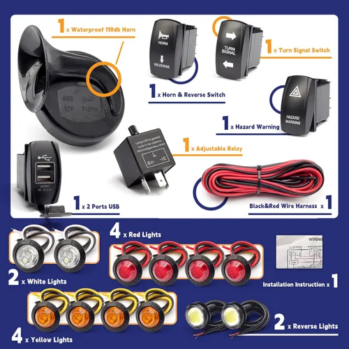 Vista 3 de Kit universal de señal de giro ATV UTV SXS para calle con intermitente, bocina de 110DB, luz de marcha atrás, interruptor basculante, USB, relé