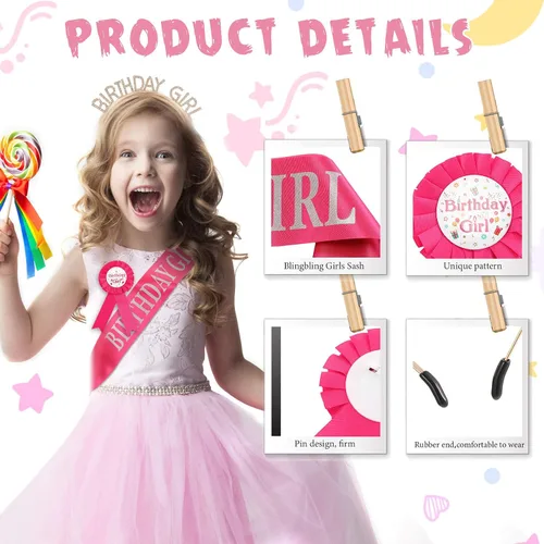 Vista 3 de Geosar Juego de corona y disfraz de cumpleaños para niña, medalla de cinta, diadema de diamantes de imitación dorados, regalos para mujeres, niños