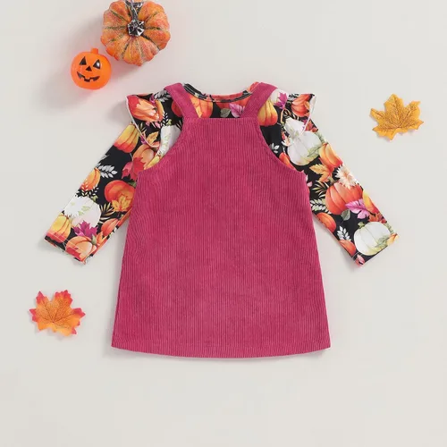 Vista 3 de Conjunto de 2 piezas de camiseta con estampado de calabaza y volantes para niña pequeña de Halloween