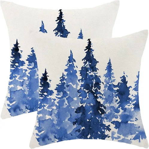 Vista 11 de AEIOAE - Juego de 2 fundas de almohada navideñas de 45.7 x 45.7 cm, decoración azul de árboles navideños, funda de almohada rústica de granja