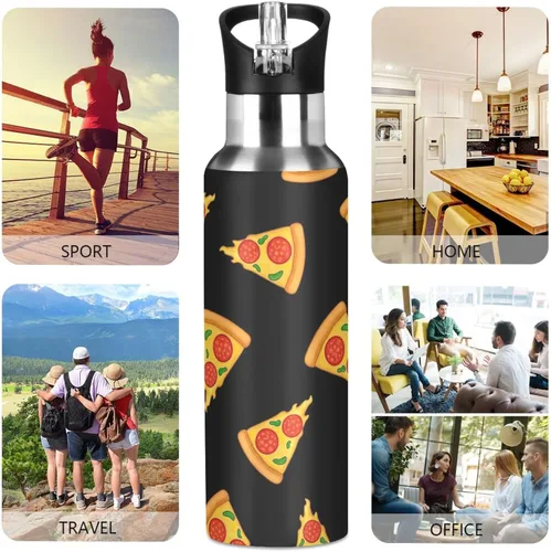 Vista 5 de Stainless Steel Vacuum Insulated Water Bottle 32 Oz, Leakproof Water Bottles for Gym Outdoor Travel School, Cartoon Slices Pizza Black