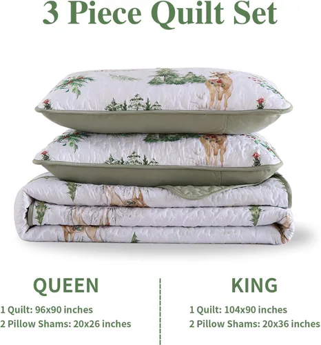 Vista 9 de DJY Juego de edredón navideño tamaño queen, patrón de renos y árboles de Navidad, juego de ropa de cama navideña, suave microfibra verde y blanco