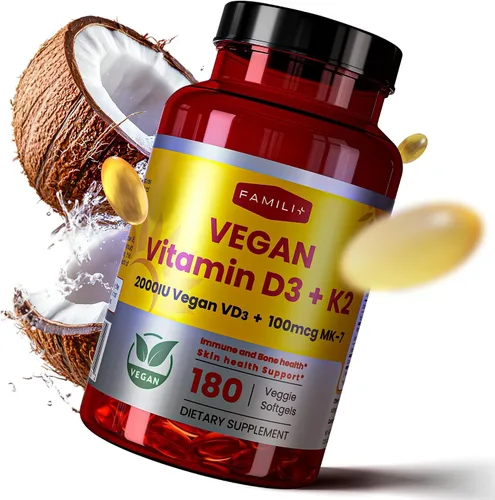 Vista 2 de FAMILI+ 180 Días de Vitamina Vegana D3+K2 en Cápsulas Blandas con Aceite de MCT de Coco 2000UI de Vitamina D3 de Fuente Vegetal + 100 mcg