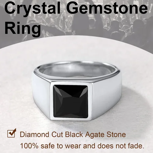 Vista 4 de U7 Anillo de joyería de moda de ónix negroazul para hombres y mujeres, anillos de sello cuadrado de acero inoxidable para papá y padre, anillos