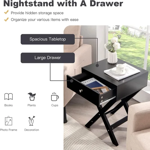 Vista 5 de Giantex Mesita de noche con cajón, mesa auxiliar en forma de X, mesa auxiliar moderna para sofá, mesa de noche multifuncional para el hogar, sala