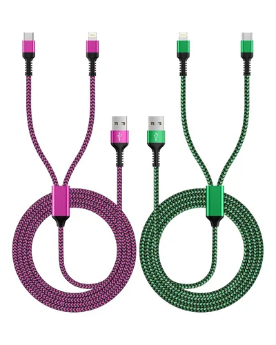 Vista 8 de Cable de carga múltiple 2 en 1, de 4 pies de largo, cable de carga múltiple USB a Lightning y puerto tipo C Apple y Android, cable de carga trenzado