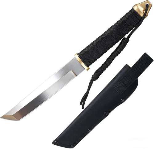 Vista 8 de Leopcito Cuchillos tácticos japoneses de hoja fija de 11.5 pulgadas con funda, acero inoxidable negro supervivencia caza bushcraft cuchillo tanto