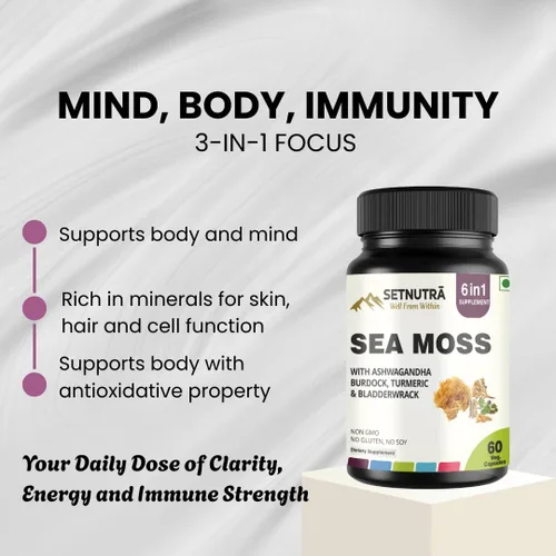Vista 3 de Musgo marino 6 en 1 Super Blend Ashwagandha bardana cúrcuma y vejiga inmunidad y desintoxicación apoyo 60 cápsulas vegetales sin OMG sin gluten