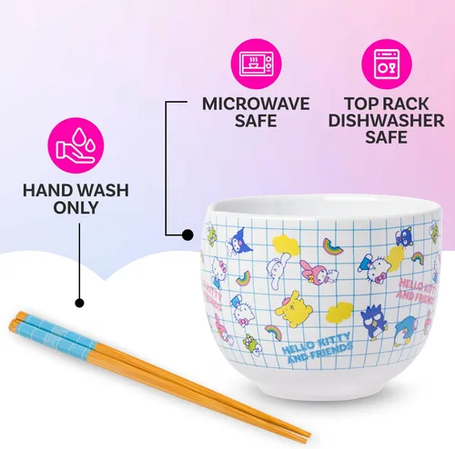 Vista 46 de Silver Buffalo Hello Kitty y sus amigos Chococat - Tazón de cerámica para ramen y arroz con palillos, patrón a cuadros, apto para microondas, 20