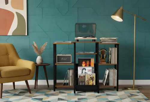 Vista 5 de Soporte para tocadiscos con almacenamiento de vinilo, armario giratorio alto de 36 pulgadas con almacenamiento, mesa moderna de tocadiscos