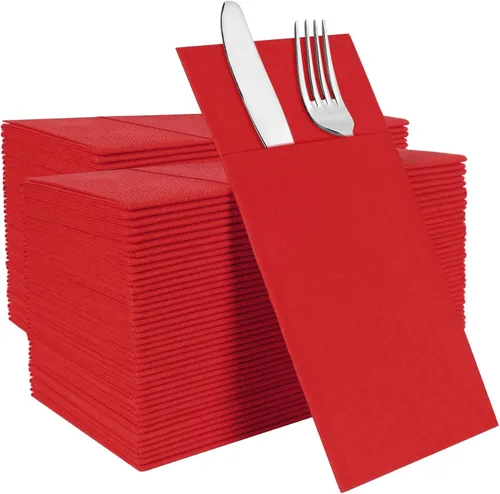 Vista 11 de Servilletas negras desechables con sensación de lino con bolsillo integrado para cubiertos, preplegadas para cuchillos y tenedores, servilletas