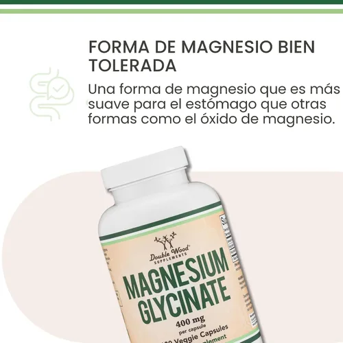Vista 5 de Glicinato de magnesio 400 mg, 90 cápsulas (apto para veganos, probado por terceros, sin gluten, sin OMG) Magnesio de alta absorción de Double Wood