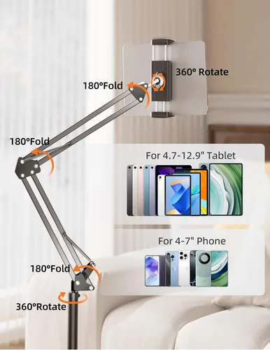 Vista 6 de Soporte de piso para tableta con base de metal pesado de 4.5 libras, soporte de teléfono elevado sobre la cama con ángulo y altura ajustables
