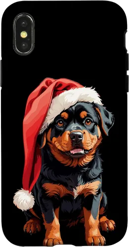 Vista 4 de iPhone 15 Divertido Rottweiler Navidad lindo cachorro con sombrero de Navidad caso