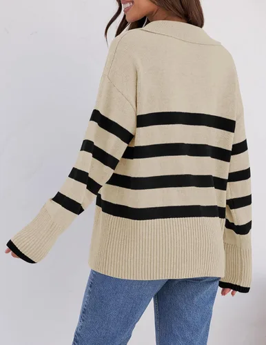 Vista 4 de ZESICA Women's 2024 Winter Sweaters Lapel V Neck Long Sleeve Striped Chunky Knit Oversized Pullover Sweater Jumper Tops