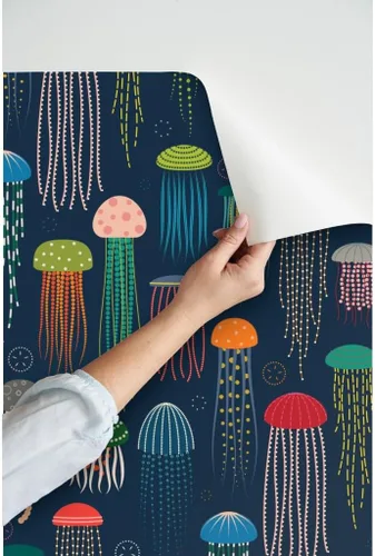 Vista 3 de Muestras de papel tapiz para despegar y pegar, medusas brillantes y modernas, animales coloridos océanos, natación, criaturas marinas, decoración